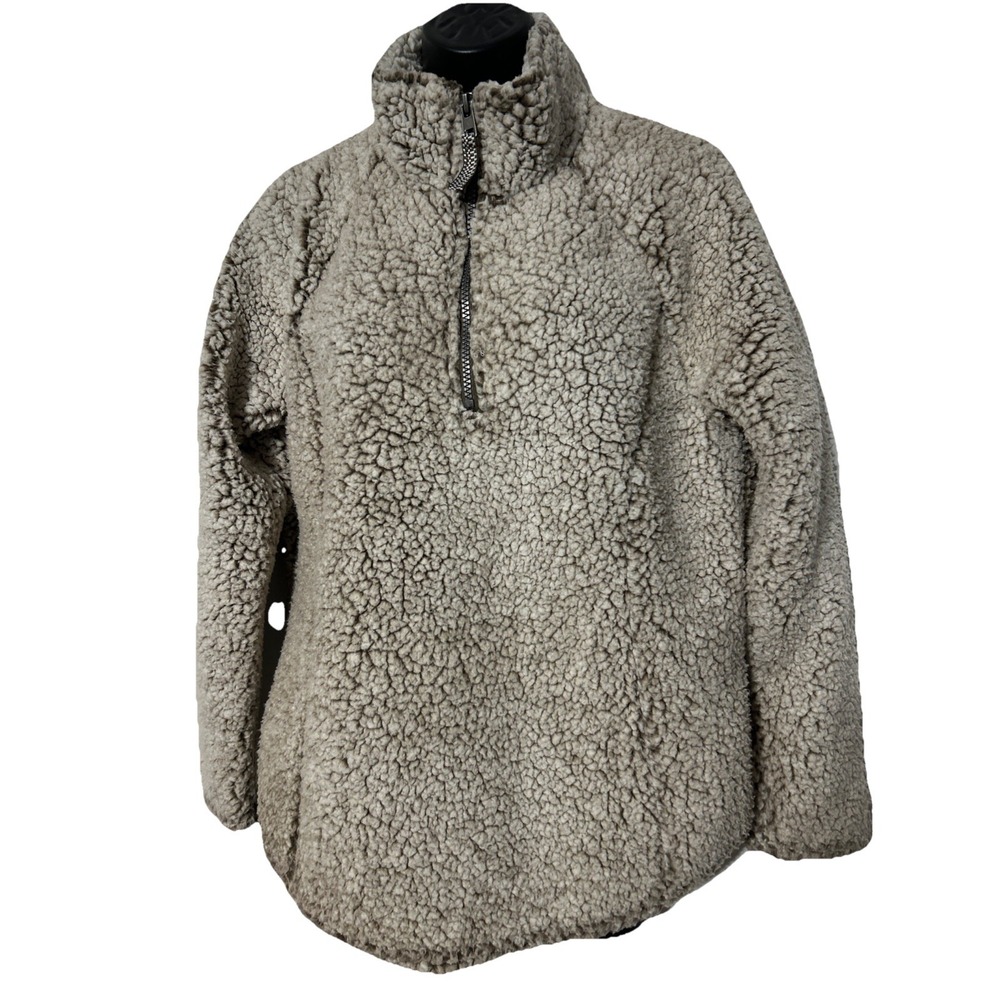 Cozy Sherpa Womens Beige 1/4 Zip Faux Fur Pullover Sherpa Top‎ Jacket Size Small